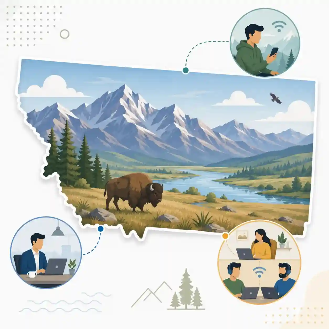 Montana state map with icons for mobile, office, remote team and call center connected to a central phone pin